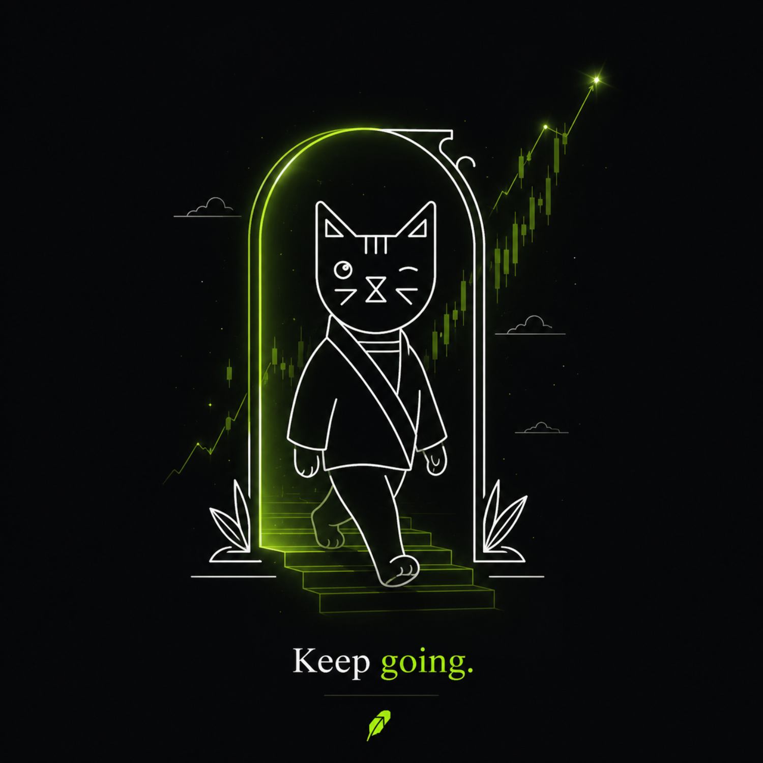 Winkcat walking through a doorway toward a rising chart
